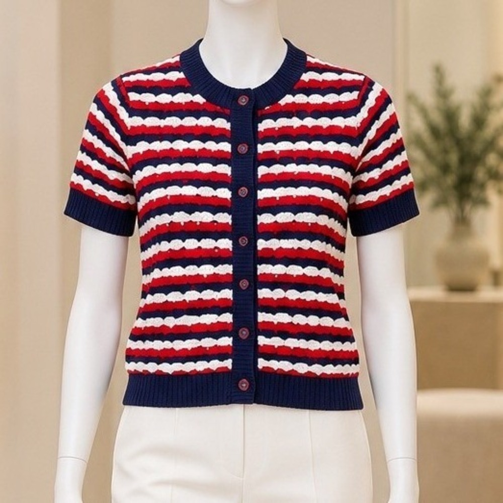 Allison New York Womens Adelle Cardigan Short Sleeve Jewel Button Striped Small